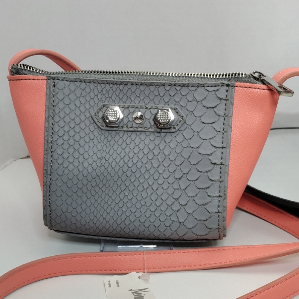 Neiman Marcus Gray Snake-Texture and Coral Crossbody Bag